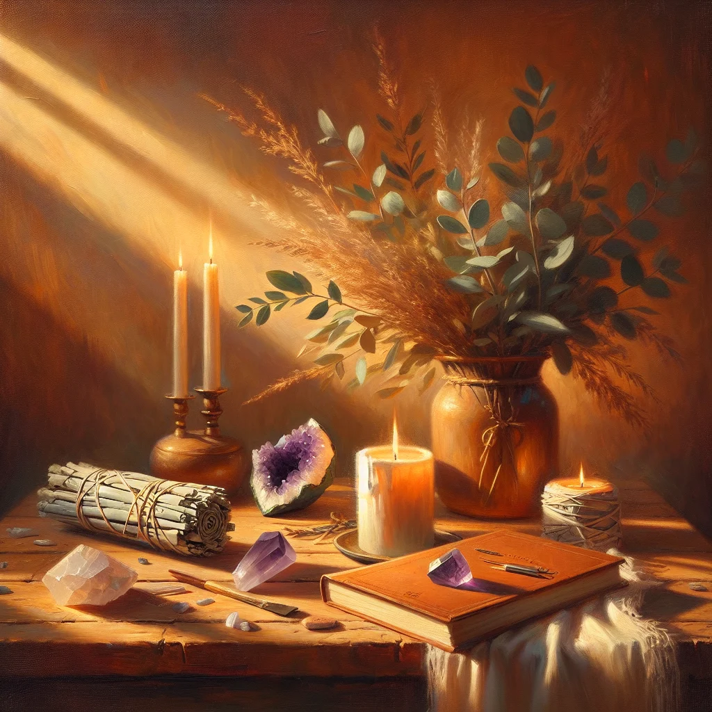 Amethyst crystal on a wooden tray used for inner peace rituals