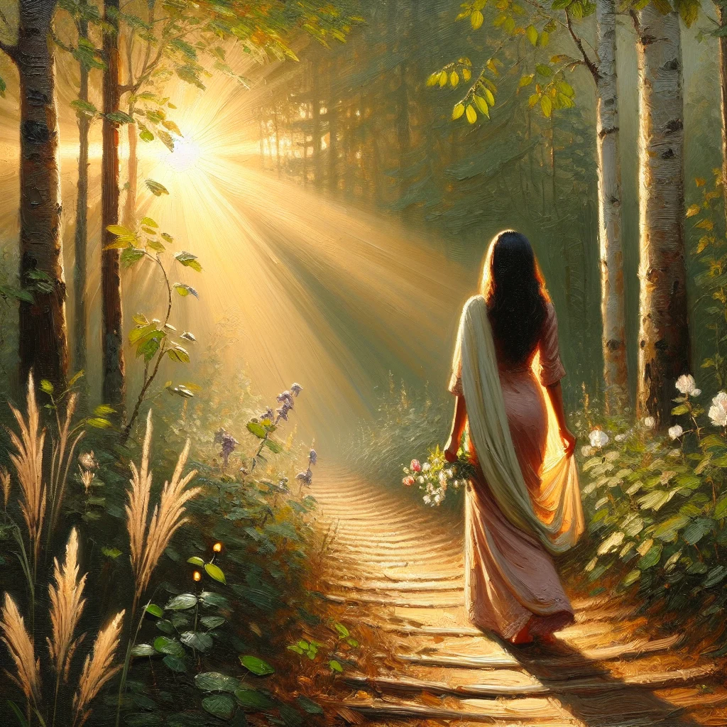 A person walking alone on a forest trail during sunrise, representing the loneliness and introspection of a spiritual awakening