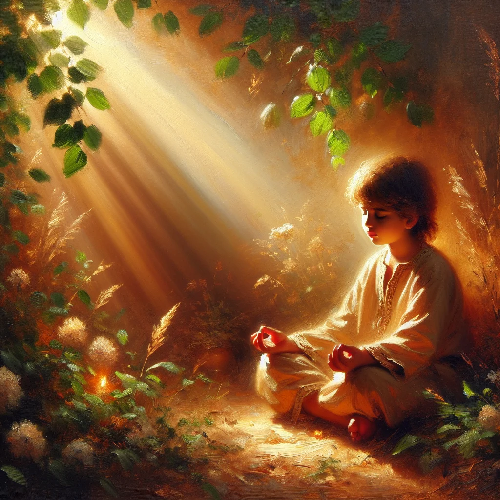 Child meditating to cultivate inner peace in nature