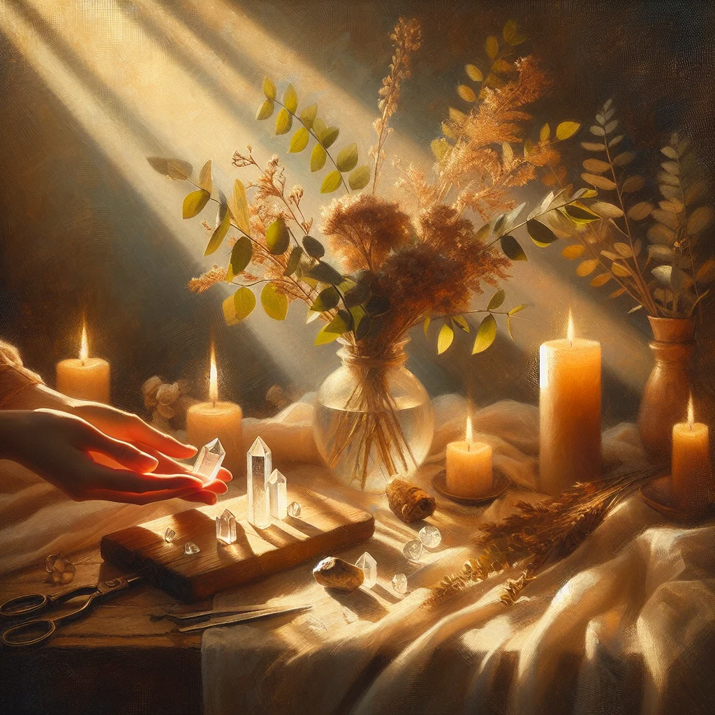 crystals for manifesting goals laying on a wooden table with candles and journal