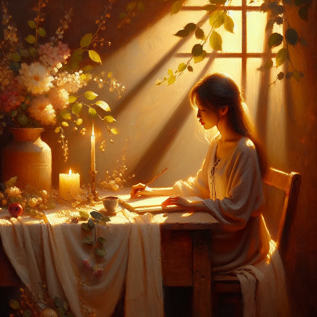 Woman writing daily intention ideas in a peaceful space with a morning coffee