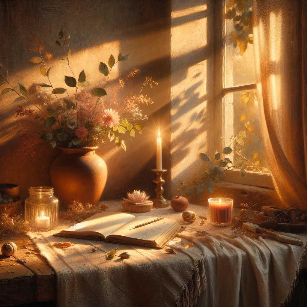 Calm morning with candles and meditation space set for daily intention setting