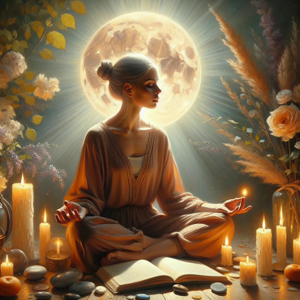 full-moon-visualization-ritual Woman visualizing during a full moon ritual surrounded by crystals and candles