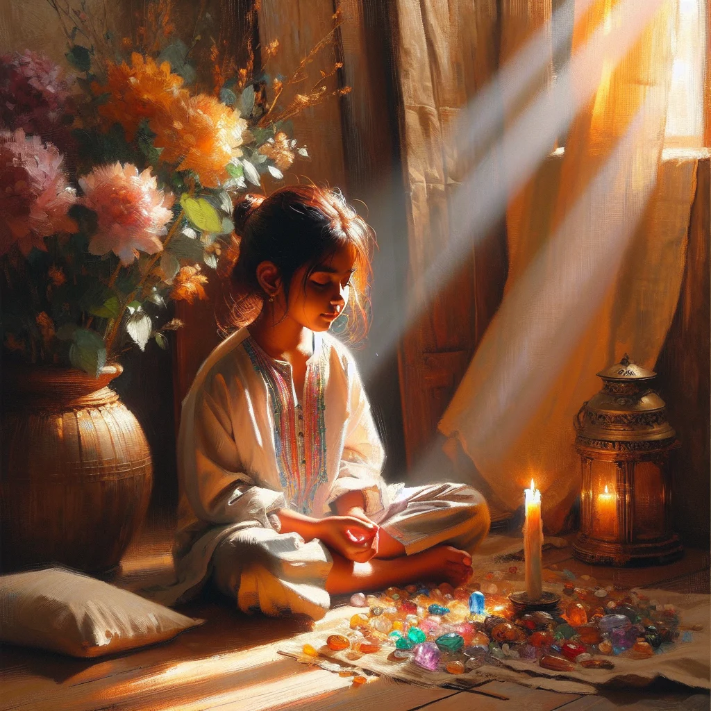 Young girl meditating with calming crystals in a peaceful setting