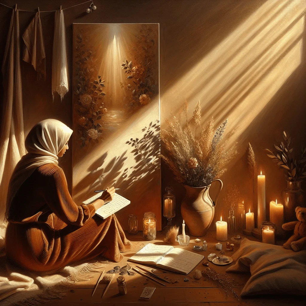 Young woman sitting indoors practicing journaling and vision boarding as different manifestation methods