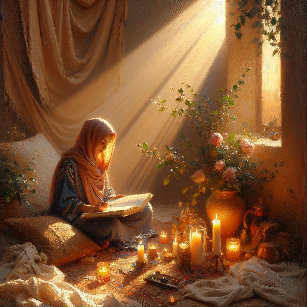 woman writing in journal to manifest goals woman writing manifestation goals in her journal surrounded by candles