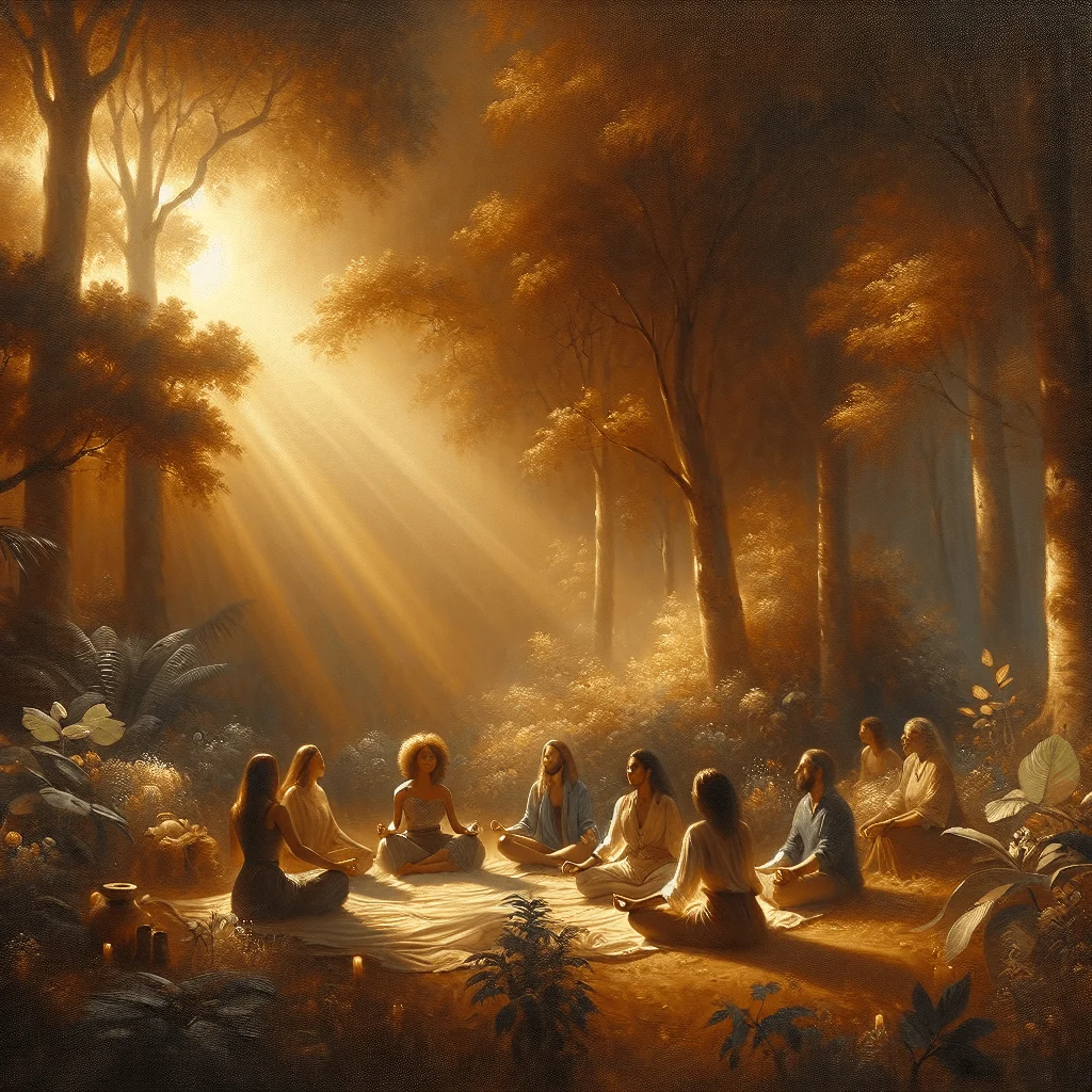 Group meditating together practicing the 7 laws of attraction in a serene setting