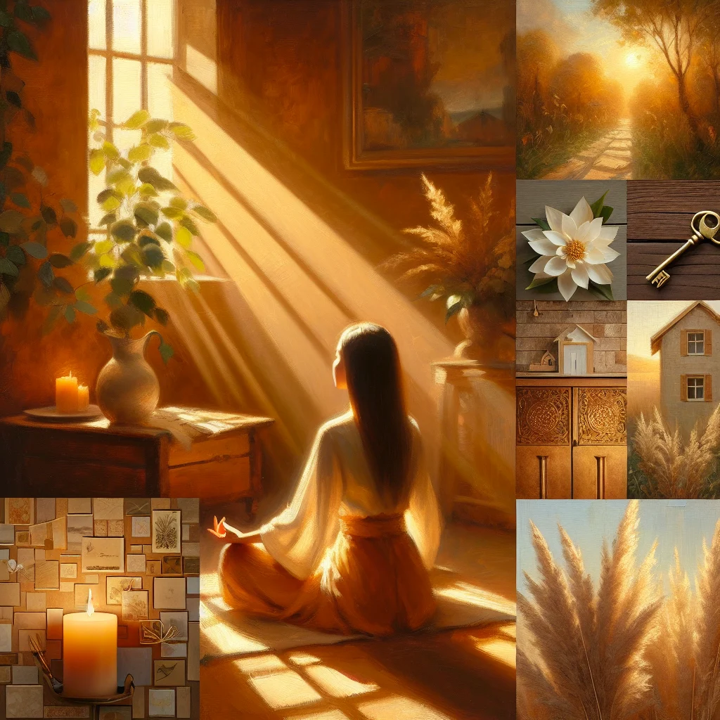 A woman visualizing her dream house using a vision board full of home images