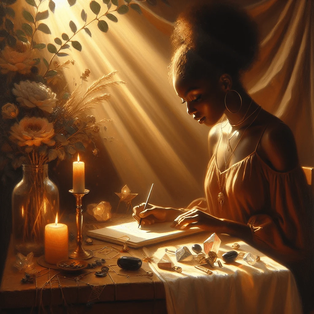 woman writing in manifestation journal with candles and crystals