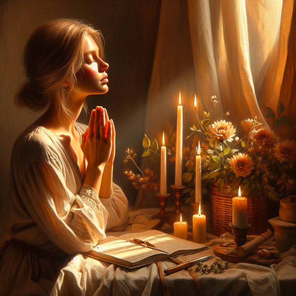 A woman meditating with sunlight pouring through the window, contemplating the law of attraction and its alignment with faith