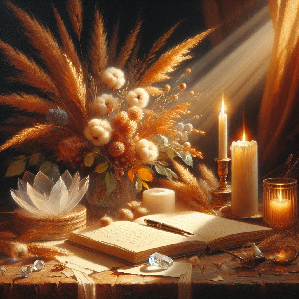 Peaceful desk with open manifestation journal, candles, and crystals.