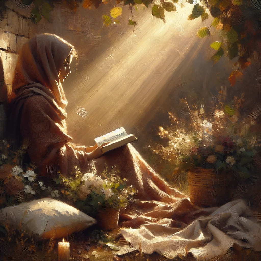 Woman contemplating Law of Attraction through Bible reading and quiet meditation