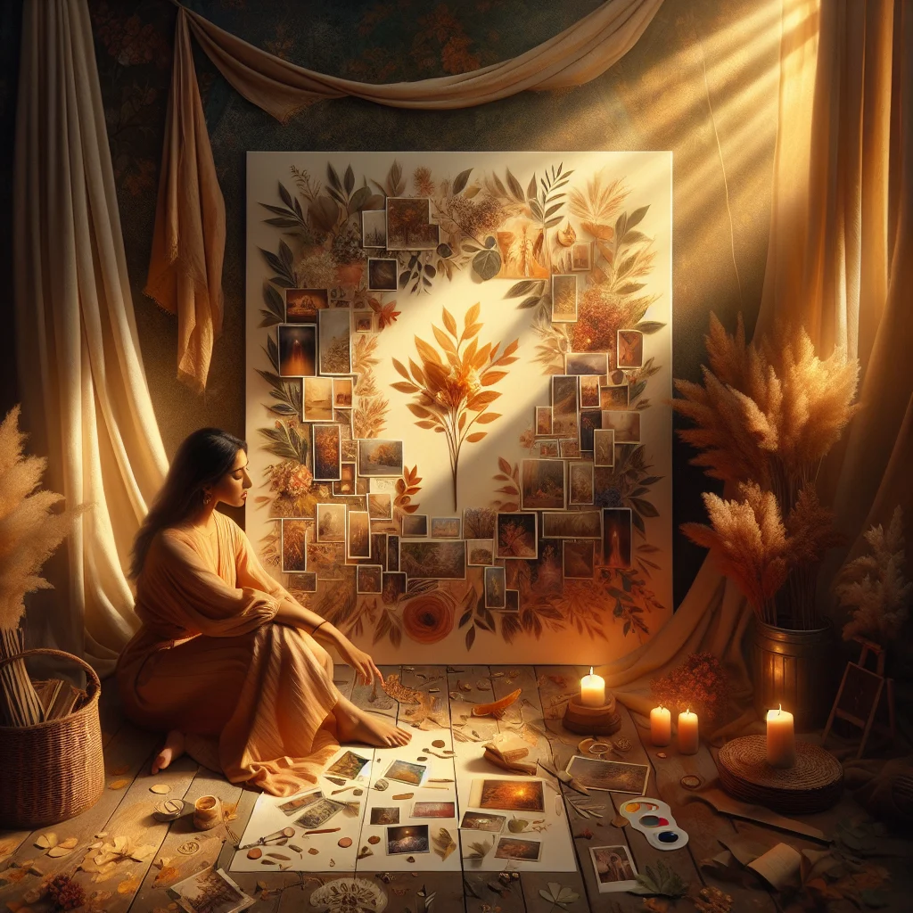 A woman visualizing her dreams using a vision board, applying law of attraction techniques