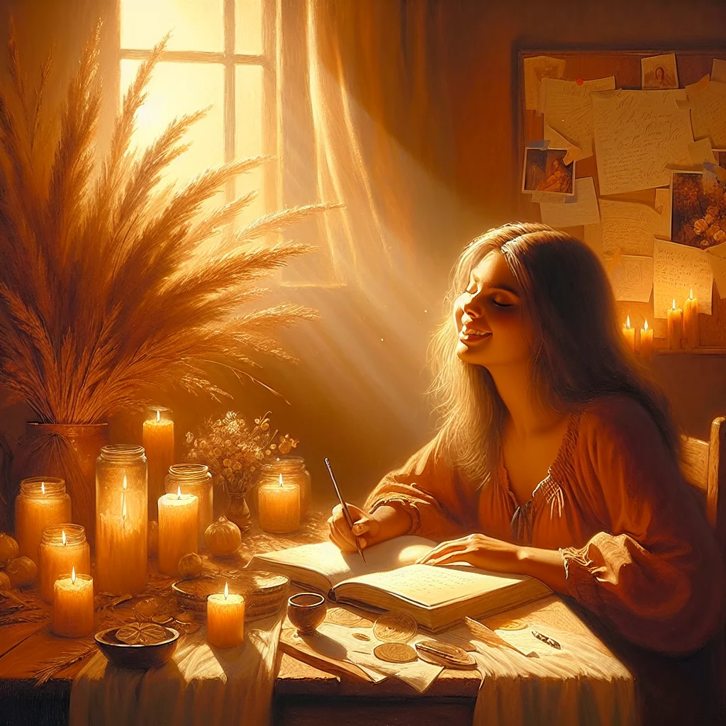 Daily Wealth Attraction Rituals Woman practicing daily Law of Attraction routine with a journal and candles