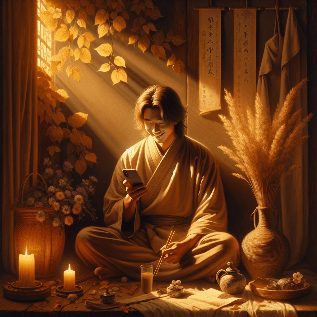 Person visualizing a text from someone who ghosted them, holding a phone while meditating