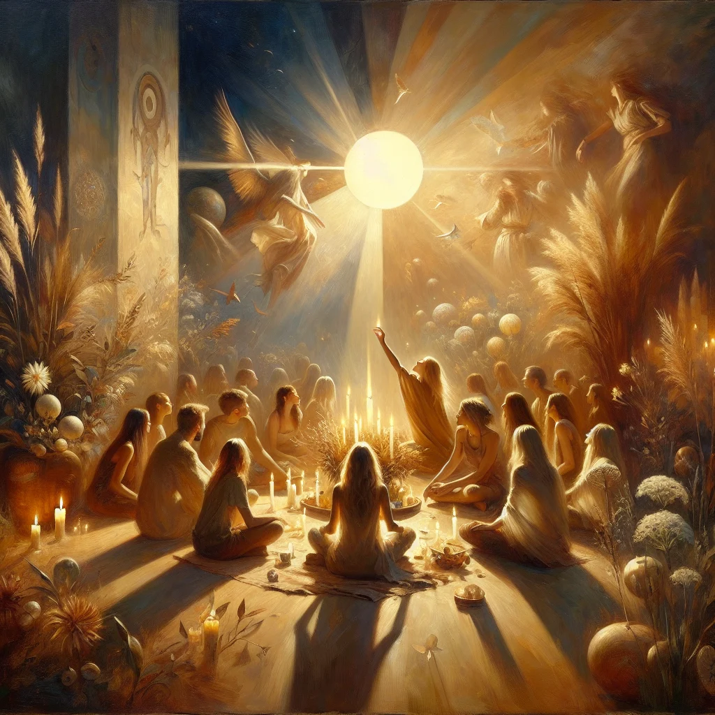 People performing a full moon manifestation ceremony with candles and crystals outdoors under the moonlight
