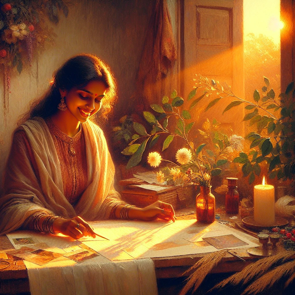 A woman smiling at her vision board filled with photos and affirmations about friendship