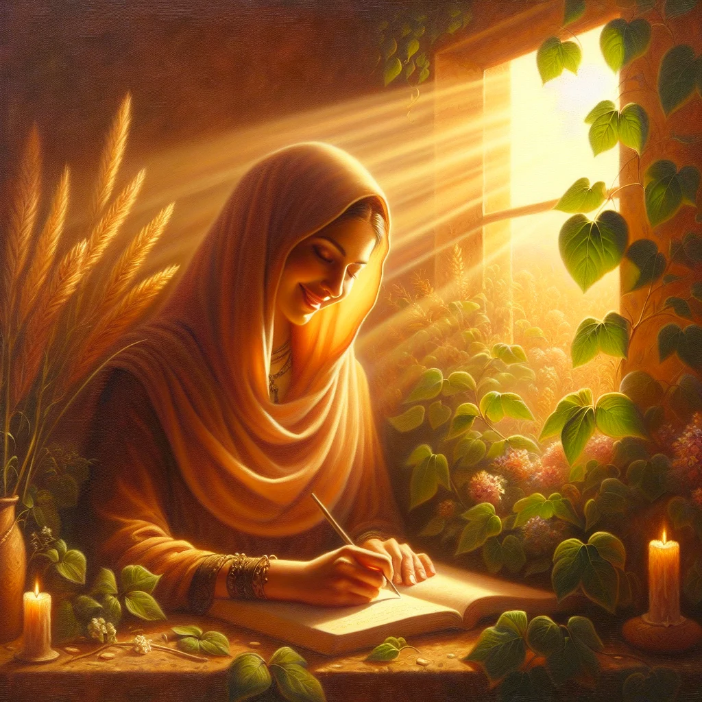 Happy woman writing in her manifesting journal filled with intention and joy woman writing in her manifesting journal filled with positivity and intention