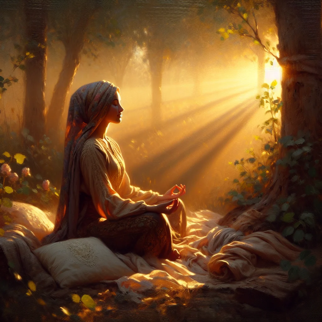 A peaceful woman meditating in nature, representing inner calm and balance