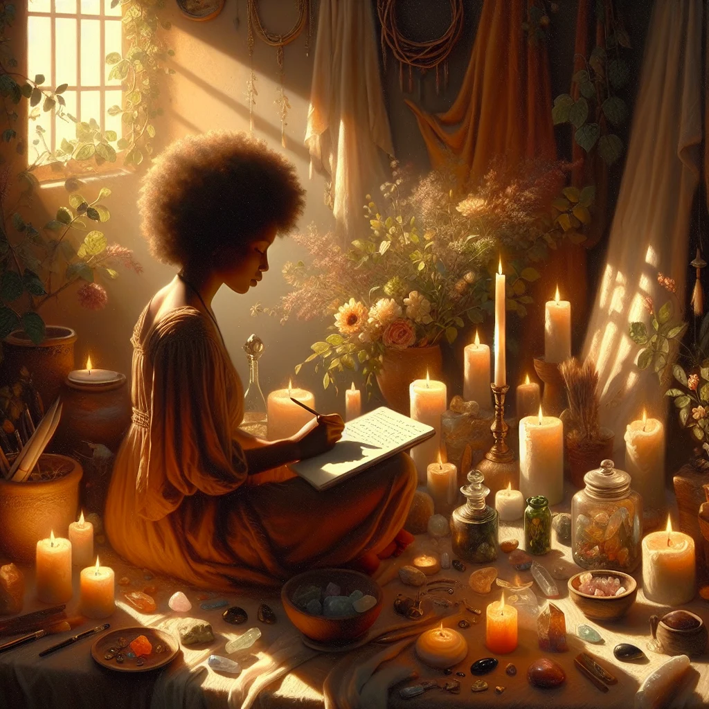 Reconnecting with the law of attraction during hard times - person journaling by candlelight