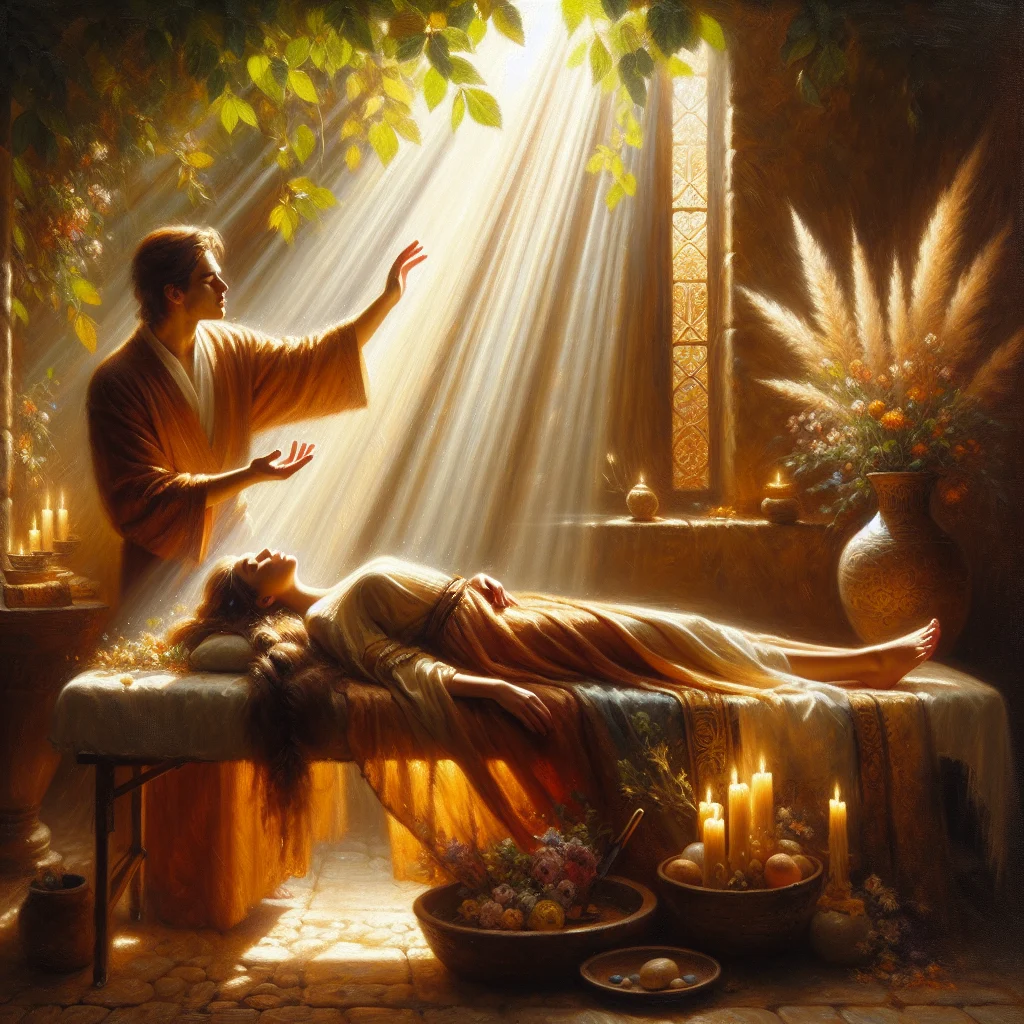 Reiki for mental peace session with a practitioner placing hands above a client's head