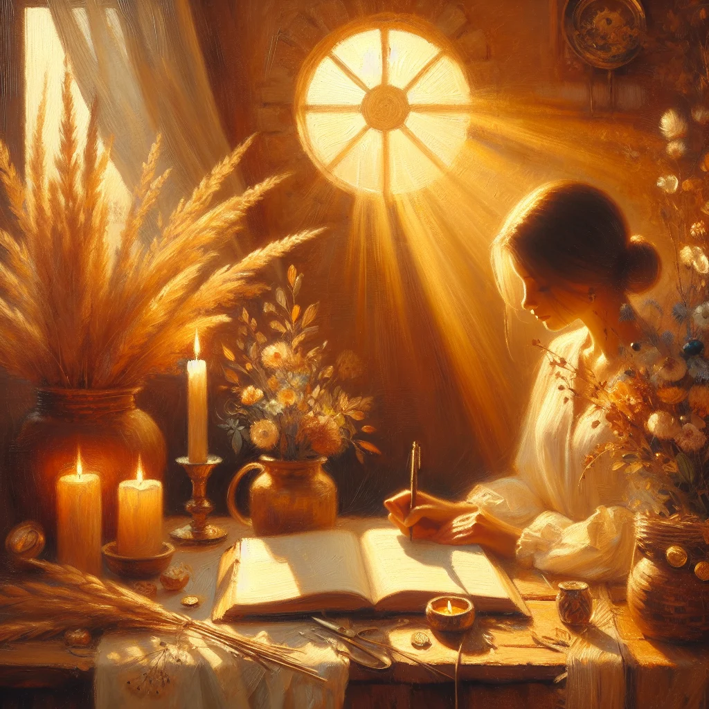 Woman scripting for manifestation journaling by candlelight