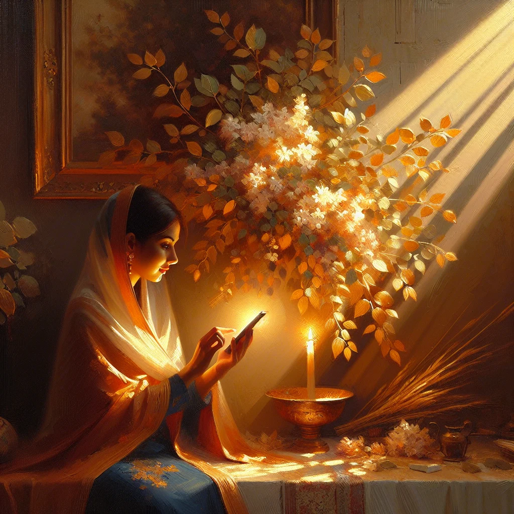 A woman thoughtfully looking at a phone where a familiar name pops up — representing Law of Attraction signs appearing in daily life