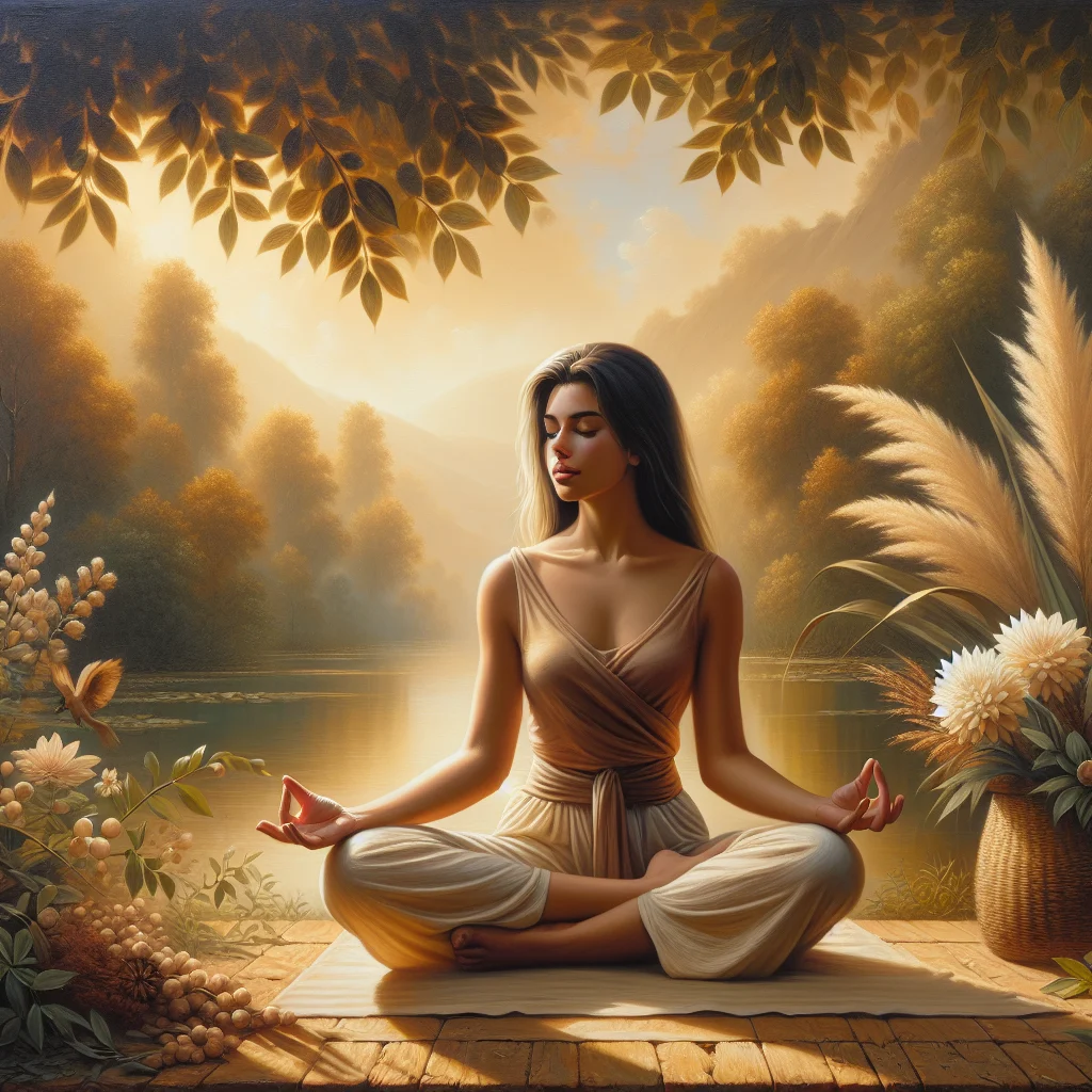 Young woman meditating by the lake, symbolizing inner peace on Instagram