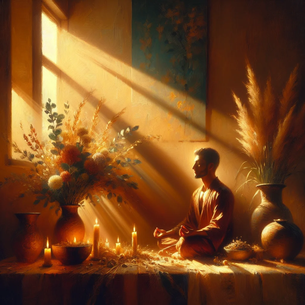 A person meditating in lotus position surrounded by glowing light energy, representing inner expansion during spiritual awakening