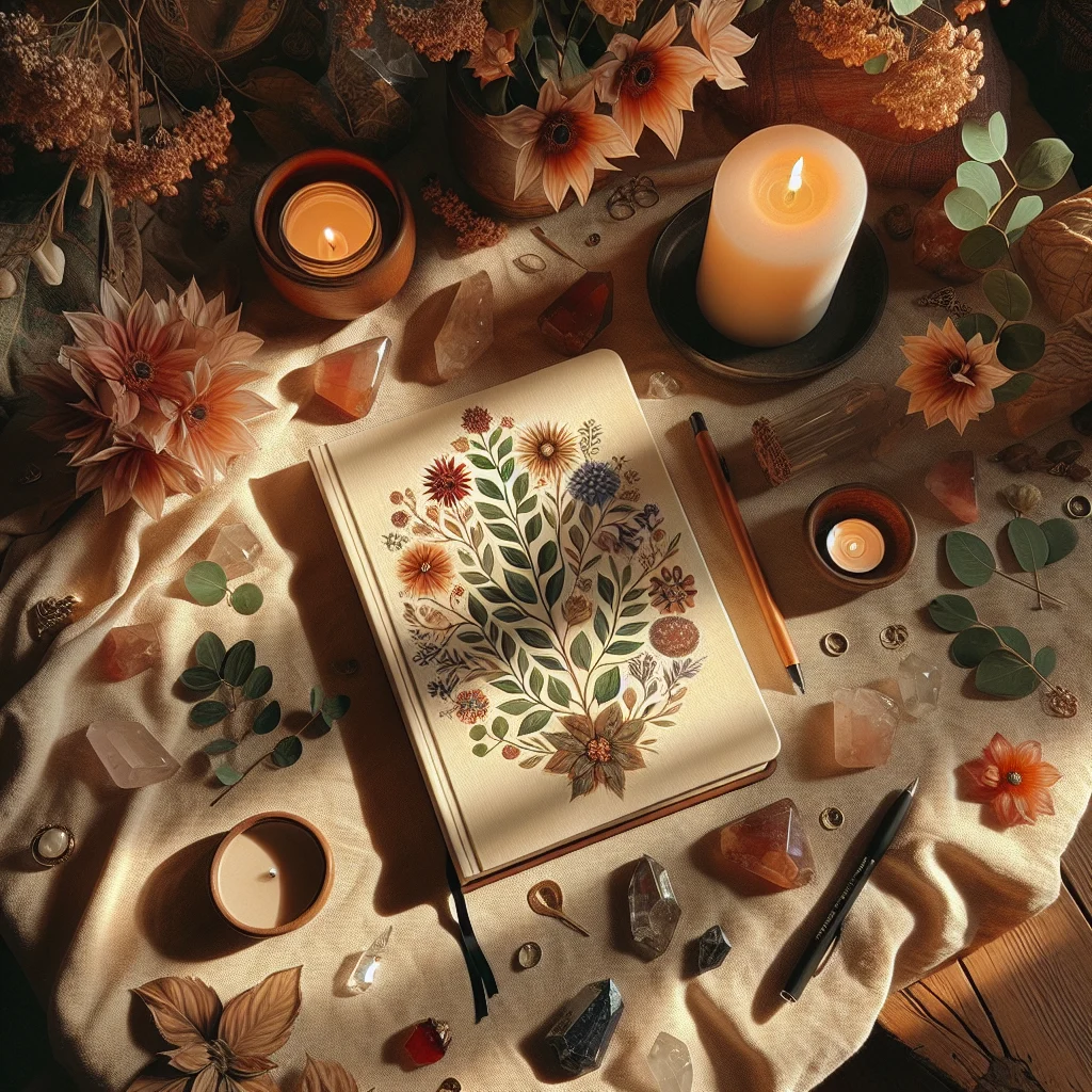 Young woman writing in her manifestation journal at a desk with candles
