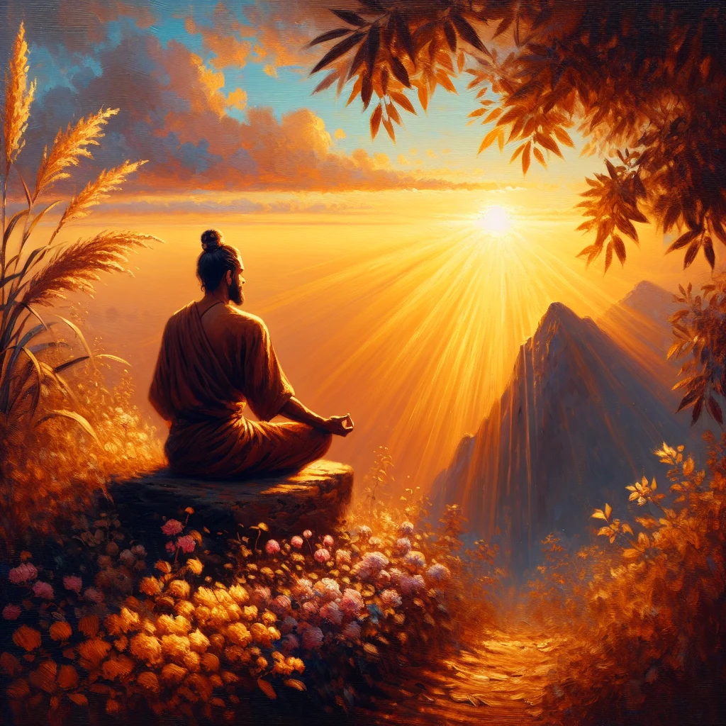 Man meditating at sunrise on a quiet mountain hilltop, reflecting emotional and mental peace