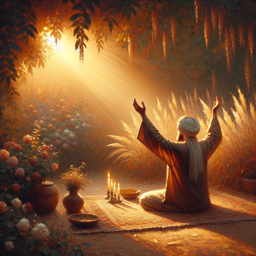 Man practicing zikr for inner peace at sunrise with open hands