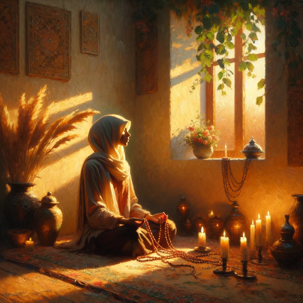 Person using prayer beads for zikr for inner peace in a quiet room