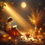 Strawberry moon ritual with candles, crystals, and a handwritten diary for manifestation