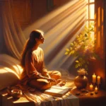 Cozy bedroom setting with a journal and candle for nighttime law of attraction ritual