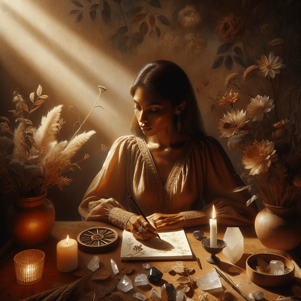Woman using the best manifestation method with a journal and crystals on table