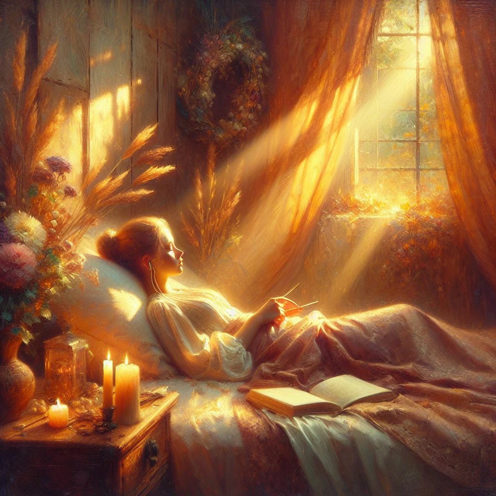 Woman lying in bed listening to best sleep manifestation podcast before sleep