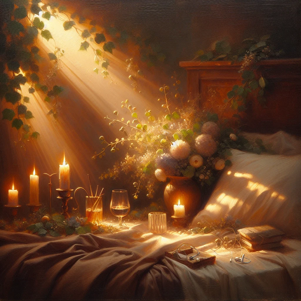 Calm bedroom setup with headphones and phone playing best sleep manifestation podcast