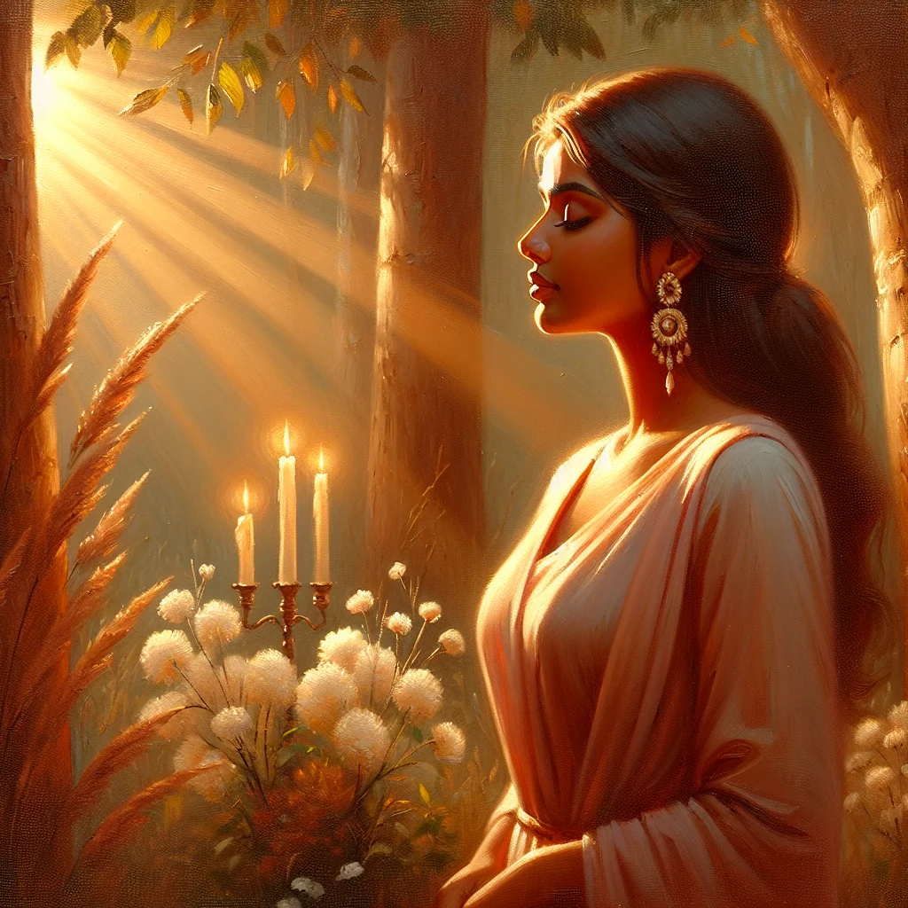 A woman standing in a forest feeling a powerful energy shift just before manifestation