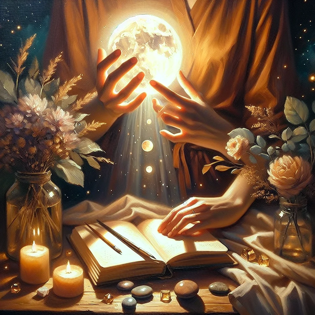 Hands holding journal and crystals under full moon sky for intention setting
