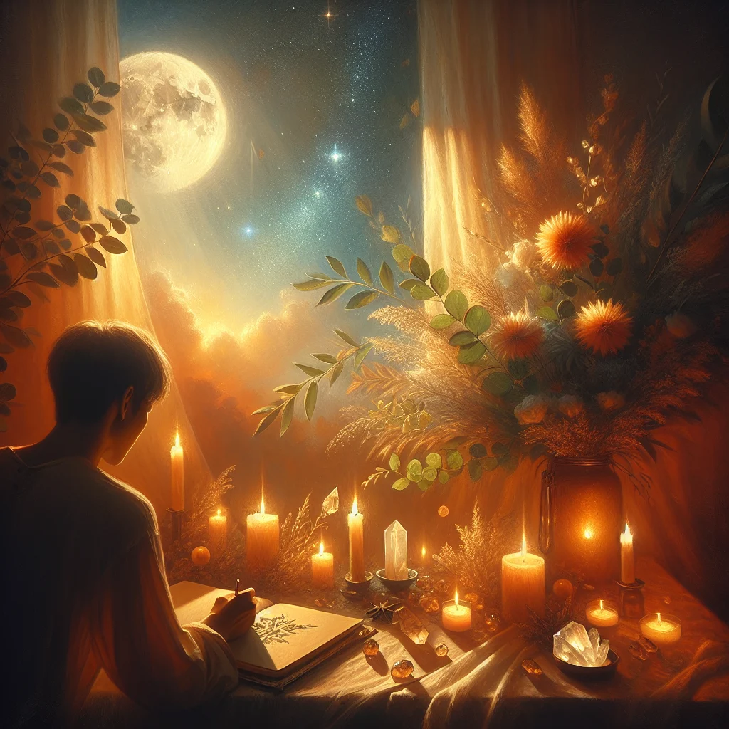 Full moon manifestation ritual setup with candles, crystals, and a journal