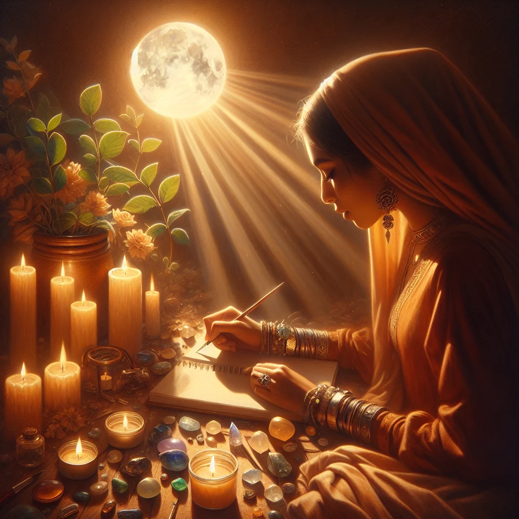 Person writing full moon intentions in a journal surrounded by candles and crystals