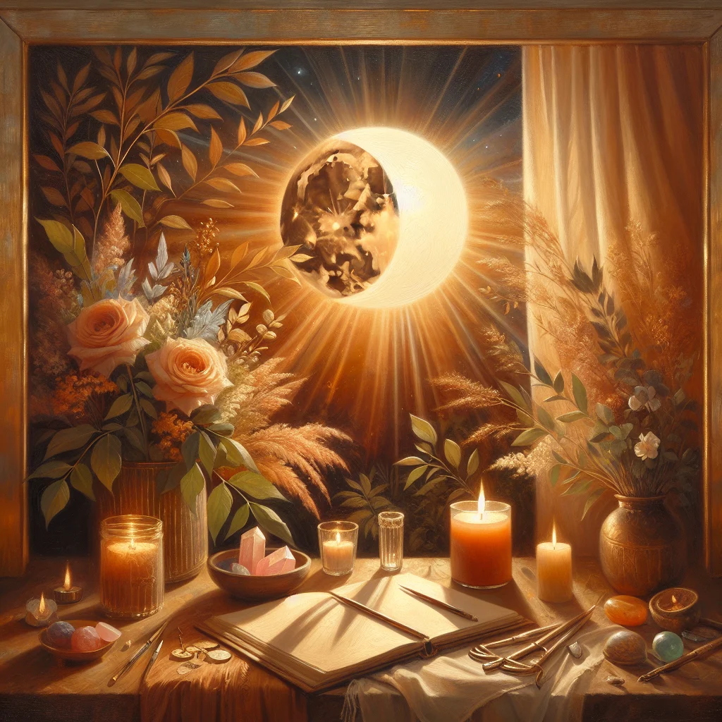 Full moon manifestation altar setup with candles, crystals, and written intentions