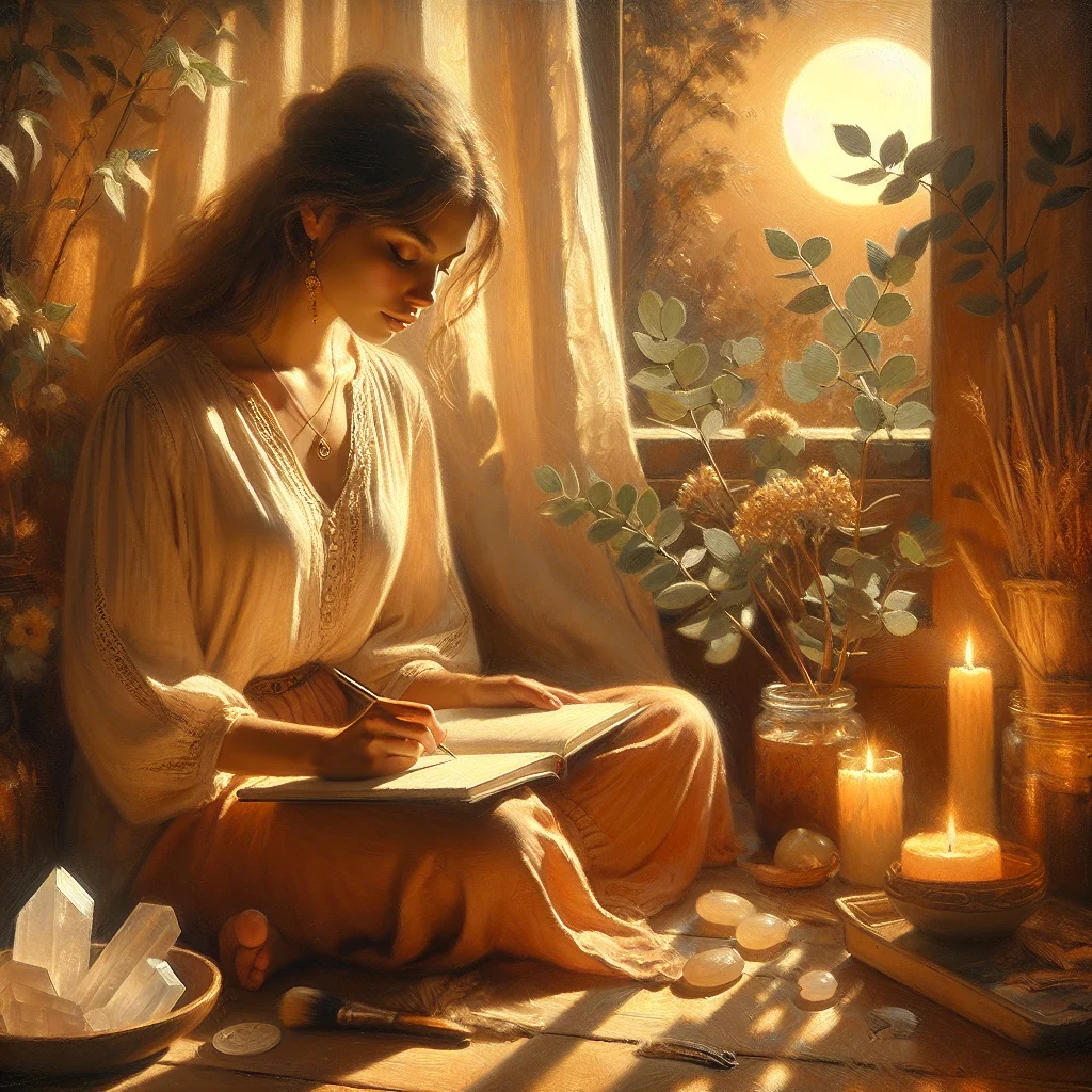 woman performing a full moon ritual with crystals and journal