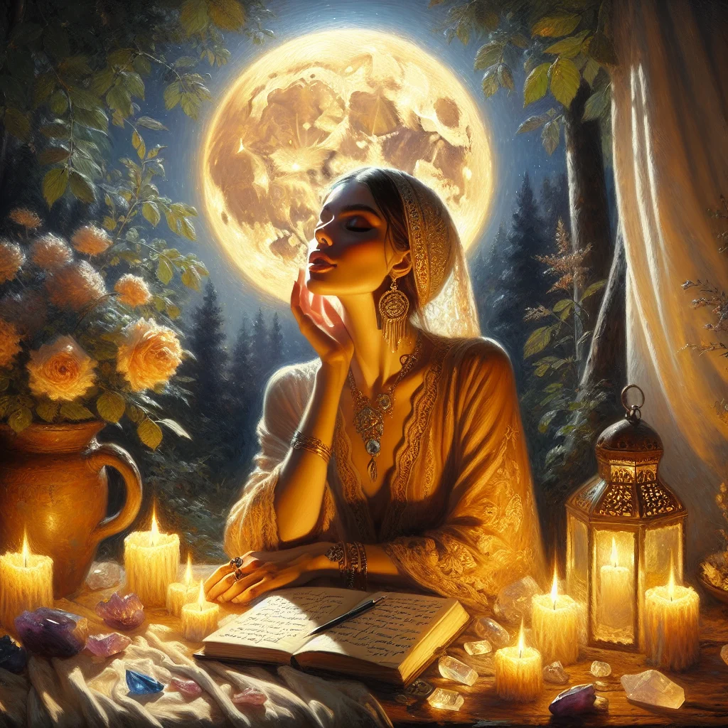 Woman performing a full moon ritual surrounded by candles and crystals under the night sky