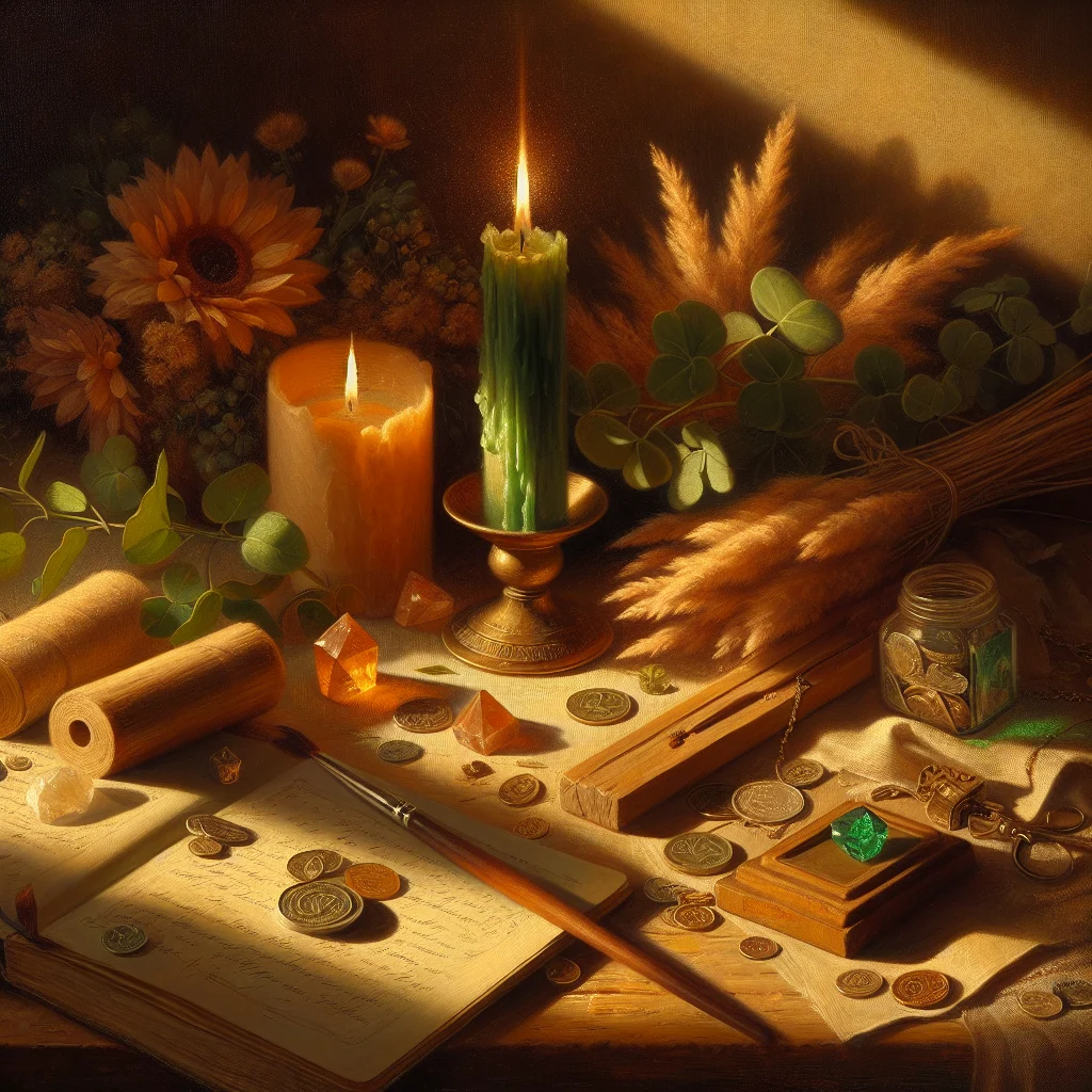 Person journaling how to attract wealth and money, with a candle and crystals nearby