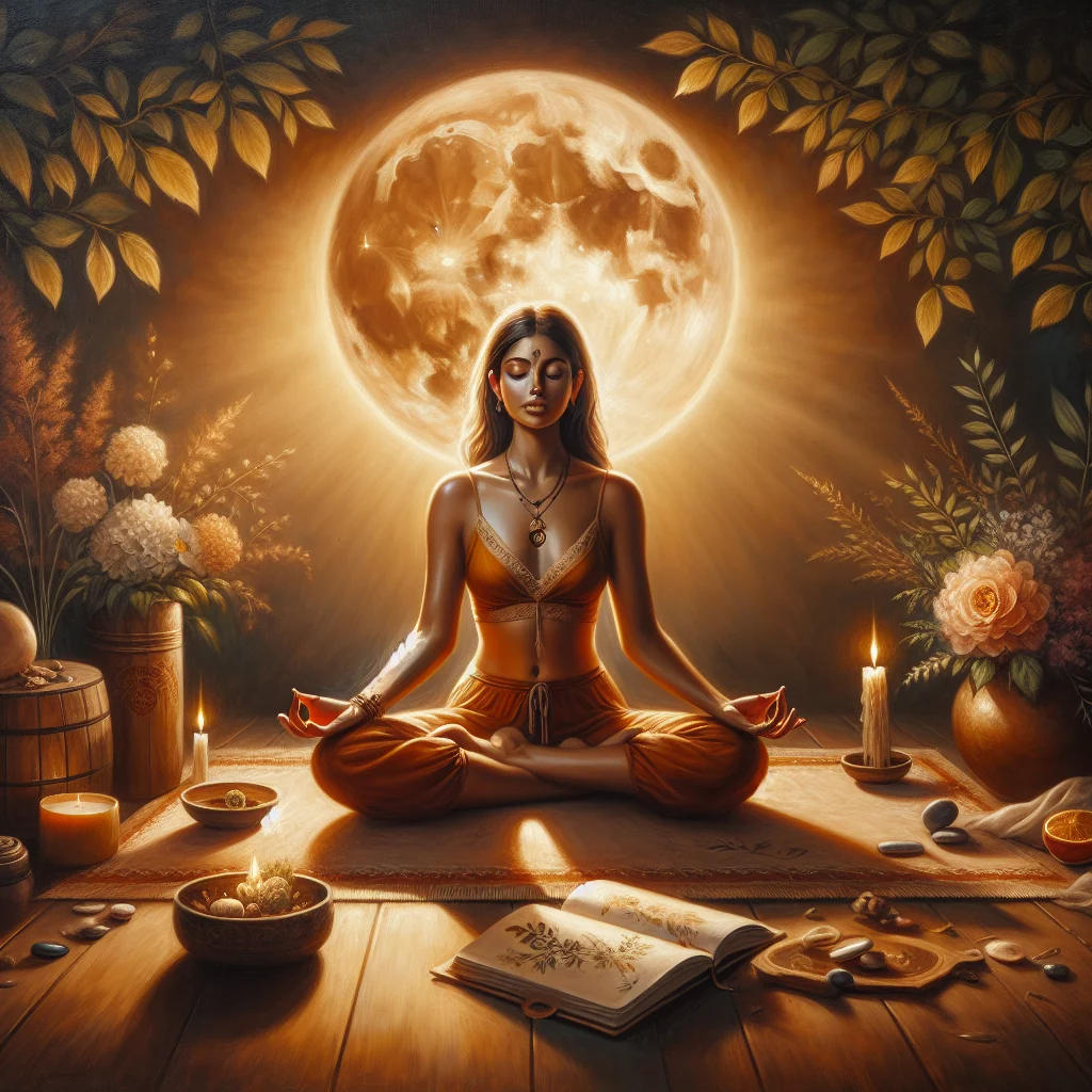A woman meditating by candlelight during a full moon with crystals around her