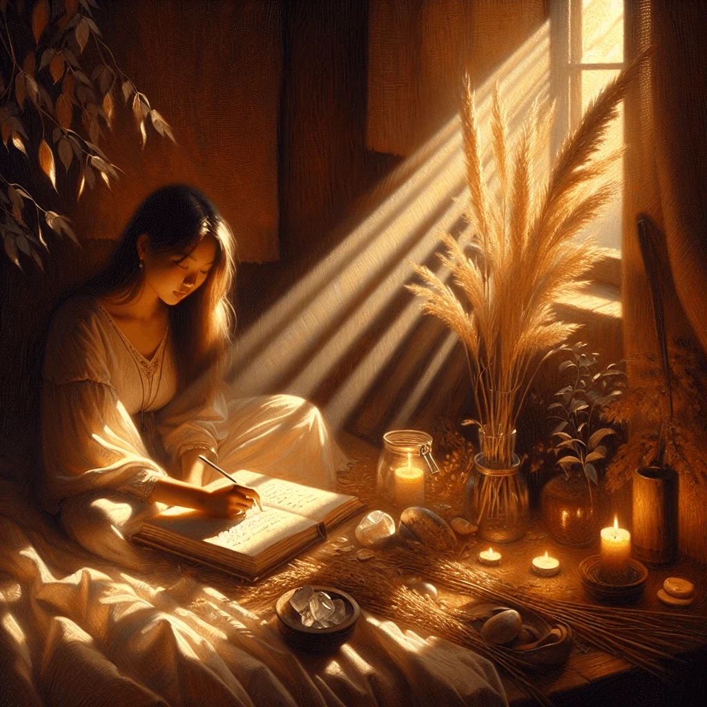Person journaling as part of a how to manifest before bed routine, sitting peacefully by bedside