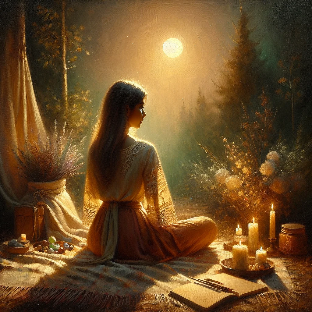 Young woman performing manifestation ritual during full moon night
