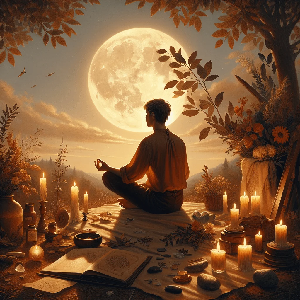 person meditating and manifesting under a full moon